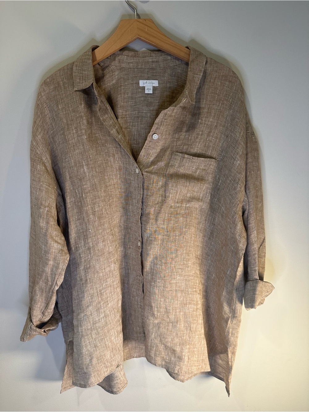 J. Jill Love Linen 100% Linen Taupe Button Front Tunic Shirt XL